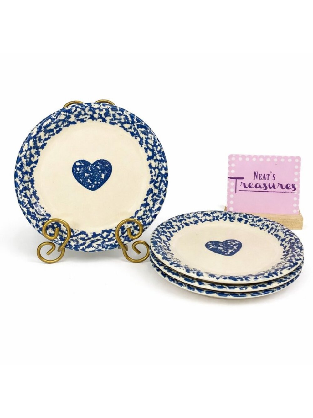 Tienshan Folk Craft HEART Stoneware SPONGE BLUE Border Salad Plate Set of 4